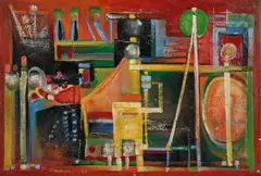 Composition by Roger Desserprit, Huile sur carton, sold Apr 2024