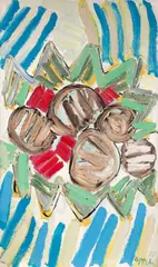 Fruit still life by Karel Appel, 1978, Huile sur toile, sold Apr 2024