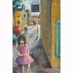 Untitled (Street Scene with Girl in Pink Dress) by Margaret Keane, oil on canvas, sold Mar 2026