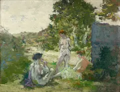Les trois nymphes by Ker-Xavier Roussel, circa 1904-1905, Huile sur carton parqueté, sold Apr 2024