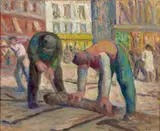 Travaux sur la chaussée, les charpentiers by Maximilien Luce, circa 1930-1935, Huile sur papier marouflé toile, sold Apr 2024