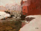 Den røde Fabrik (l'usine rouge) by Frits Thaulow, Huile sur panneau, sold Apr 2024