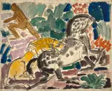 Lion attaquant un cheval by Charles Dufresne, Aquarelle et encre sur papier, sold Apr 2024
