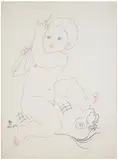 Enfant chevauchant un dauphin by Léonard-Tsuguharu Foujita, 1933, Encre noire et rouge sur papier, sold Apr 2024