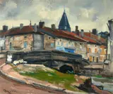 Poisson, Haute-Marne, le pont by Takanori Oguiss, 1956, Huile sur toile, sold Apr 2024