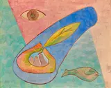 Composition à l'oeil, plume et poisson by Léopold Survage, 1951, Caséine sur papier préparé marouflé sur toile, sold Apr 2024