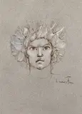 Portrait by Léonor Fini, Encre et rehauts de gouache blanche sur papier gris, sold Apr 2024