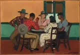 Gardians attablés au café à Port-Saint-Louis-du-Rhône by Yves Brayer, 1945, Huile sur toile, sold Apr 2024