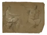Etude de nymphes pour le décor de l'hôtel de Soubise by Charles-Joseph Natoire, Crayon noir et craie blanche sur papier anciennement bleu, sold Mar 2024