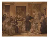 Saint Vincent de Paul prêchant la charité aux dames de la cour de Louis XIII by Charles Meynier, Plume et encre brune, lavis brun et rehauts de gouache blanche, sold Mar 2024