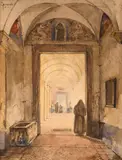 Intérieur de cloître avec un sarcophage by François Marius Granet, Plume et encre brune, lavis brun, aquarelle et gouache, sold Mar 2024