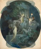 Recto : L'enlèvement de Déjanire, projet de cartouche ; verso : Etude d'élégante au manteau noir by Franz von Bayros, Aquarelle gouachée sur traits de crayon, sold Mar 2024