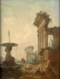 Personnages orientaux dans des ruines antiques by Jean Baptiste Hilaire, Huile sur panneau filassé, sold Mar 2024