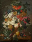 Vase de fleurs et fruits sur un entablement de marbre by Johannes Cornelis de Bruyn, Huile sur toile, sold Mar 2024