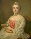 Portrait de jeune femme à la robe blanche et aux noeuds roses tenant un livre by Pierre Allais, Huile sur toile, sold Mar 2024