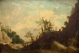 Paysage au pont rustique animé de personnages by Lazare Bruandet, Huile sur panneau de chêne, une planche, sold Mar 2024