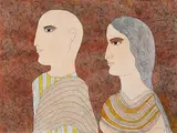 The Young Pilgrims by Badri Narayan, Watercolour, pen and ink on paper, sold Dec 2014