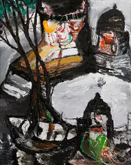 Moonlight: Boat and Temples by Manu Parekh, Acrylic on canvas board, sold Dec 2014
