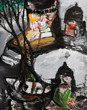 Moonlight: Boat and Temples by Manu Parekh, Acrylic on canvas board, sold Dec 2014