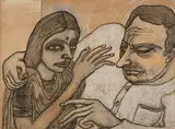 Man and Woman (with Yellow and Grey) by Jogen Chowdhury, Pen and ink with pastel on paper pasted on board, sold Dec 2014