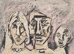 Untitled (Farmer's Family) by M. F. Husain, Watercolour, oil, brush and ink on paper pasted on masonite board, sold Dec 2014
