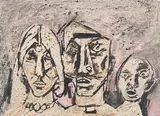 Untitled (Farmer's Family) by M. F. Husain, Watercolour, oil, brush and ink on paper pasted on masonite board, sold Dec 2014