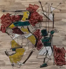 Untitled by M. F. Husain, Watercolor, oil and ink on paper, sold Dec 2014