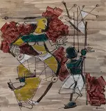 Untitled by M. F. Husain, Watercolor, oil and ink on paper, sold Dec 2014
