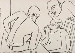 Three People by Jogen Chowdhury, Charcoal on paper pasted on paper, sold Dec 2014