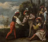 Soldats jouant au jeu de la morra by Pietro della Vecchia, Huile sur panneau de résineux, sold Mar 2024