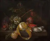 Composition au citron, grappe de raisins et huitres by Cornelis de Heem, Huile sur toile, marouflée sur panneau, sold Mar 2024