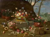 Paniers de fleurs et vases dans un paysage by Pseudo-Jan van Kessel the Younger, Huile sur cuivre, sold Mar 2024