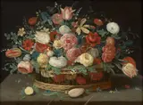 Corbeille de fleurs sur un entablement by Pseudo-Jan van Kessel the Younger, Huile sur cuivre, sold Mar 2024