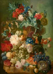 Bouquet de fleurs et fruits sur un entablement by Jan van Os, Huile sur panneau, sold Mar 2024