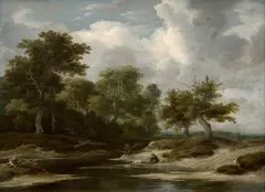 Halte de voyageur avec son chien en bord de rivière by Jacob van Ruisdael, Huile sur panneau de chêne, une planche, sold Mar 2024