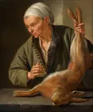 Femme présentant un lièvre sur un entablement de pierre by Jacob Toorenvliet, Huile sur cuivre, sold Mar 2024
