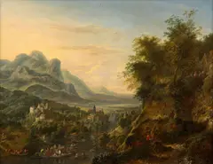 Le passage du bac dans une cité dans un paysage inspiré de la vallée du Rhin by Jan Griffier I, Huile sur panneau de chêne, une planche, sold Mar 2024