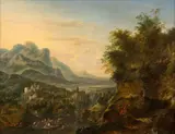 Le passage du bac dans une cité dans un paysage inspiré de la vallée du Rhin by Jan Griffier I, Huile sur panneau de chêne, une planche, sold Mar 2024