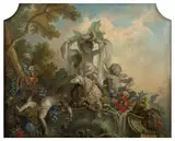 Amours avec un mouton et Amours chassant l'autruche by Jacques de Lajoue, Cupids with a sheep and Cupids hunting an ostrich, oil on canvas, a pair, signed, by J. de Lajoüe, sold Mar 2024