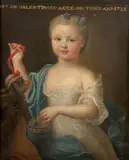 Portrait de Charlotte Grimaldi, dîte Mademoiselle de Valentinois, âgée de trois ans en 1722, jouant avec un singe by Pierre Gobert, Huile sur toile, sold Mar 2024