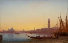 Gondoles dans le Grand Bassin, Venise, circa 1865 by Félix Ziem, Huile sur panneau, une planche, sold Mar 2024