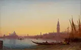 Gondoles dans le Grand Bassin, Venise, circa 1865 by Félix Ziem, Huile sur panneau, une planche, sold Mar 2024