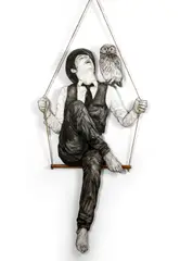 Entre ciel et Terre 6 by Levalet, 2016, Encre de Chine sur papier contrecollé sur bois découpé, tasseau de bois et corde, sold Apr 2024