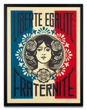 Liberté, Egalité, Fraternirté, Letterpress by Shepard Fairey, 2018, Sérigraphie en couleurs avec gaufrage, sold Apr 2024