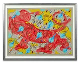 Entangled Beast (Golden Wall, Blue Birds) by Andrew Schoultz, 2017, Acrylique et marqueur sur papier, sold Apr 2024