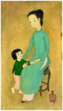 Mère et enfant au fruit by Mai Trung Thu, 1970, Gouache et encre sur soie, sold Jun 2024