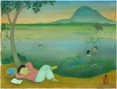 Au bord de l'eau by Mai Trung Thu, 1970, Gouache et encre sur soie, sold Jun 2024