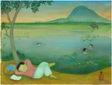 Au bord de l'eau by Mai Trung Thu, 1970, Gouache et encre sur soie, sold Jun 2024