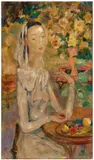 Jeune fille à l'assiette de fruit by Le Pho, Huile sur soie marouflée sur panneau d'isorel, sold Jun 2024