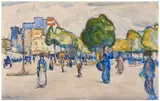 Place animée à Bagnères-de-Bigorre by Albert Gleizes, circa 1908, Aquarelle et crayon sur papier, sold Jun 2024